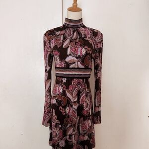 Trina Turk Pink and Brown Floral Long Sleeve Dress